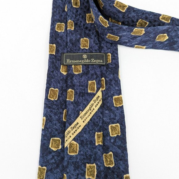 Ermenegildo Zegna Tie Navy Olive Tan 100% Silk Made in Italy Geometric Art Deco - Picture 2 of 8